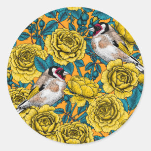 Sticker Rond Fleurs roses et oiseaux dorés