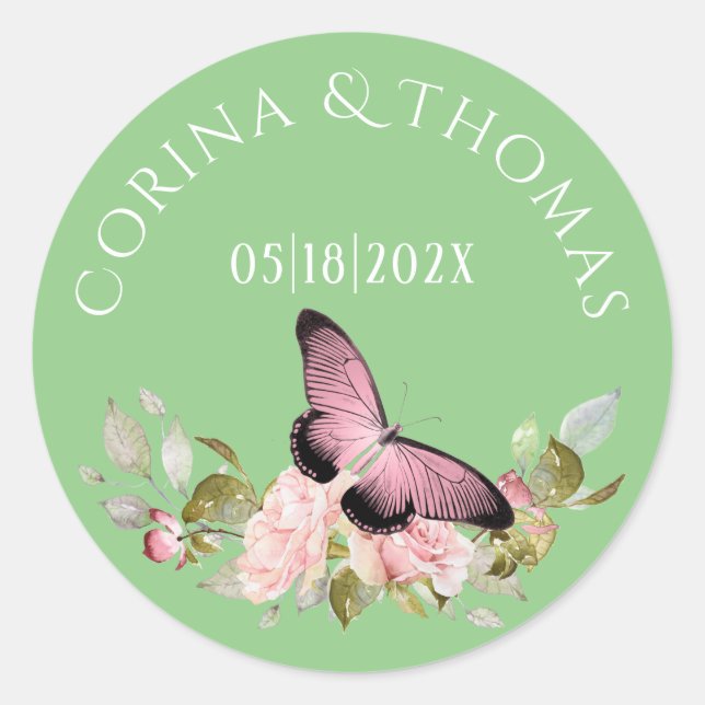 Sticker Rond Fleurs roses et papillon sur Mariage vert (Devant)