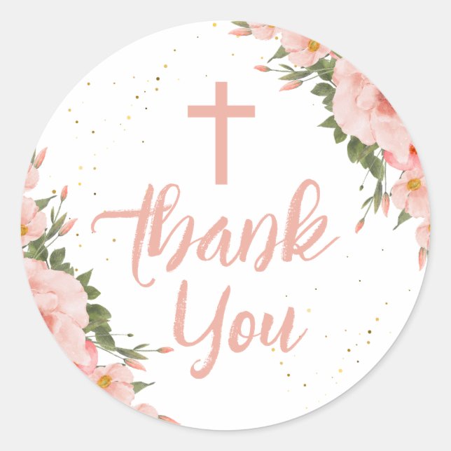 Sticker Rond Fleurs roses Fille Baptême Merci (Devant)