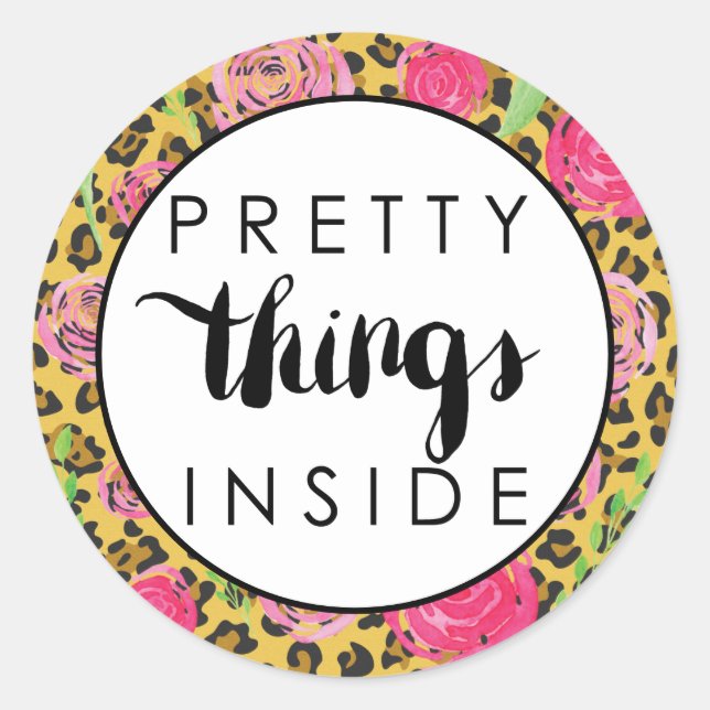 Sticker Rond Fleurs roses Leopard Jolies choses à l'intérieur (Devant)
