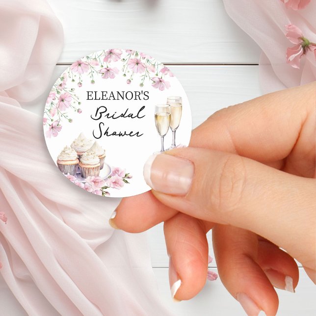 Sticker Rond Fleurs roses Lunettes de Champagne et Cupcakes (Stickers from the Cupcakes and Cava Bridal Shower Collection by Darling & May)