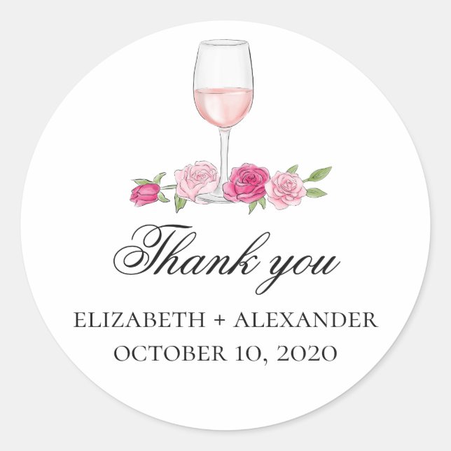 Sticker Rond Fleurs roses merci. Verre de vin. Mariage floral (Devant)