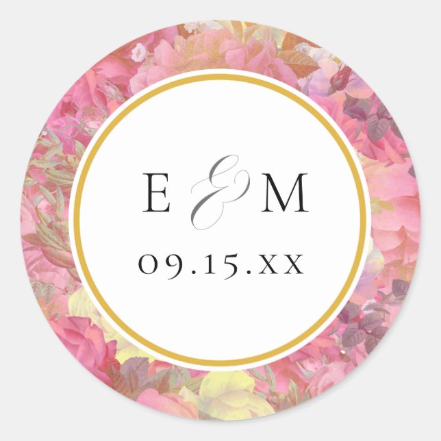 Sticker Rond Fleurs roses Monogrammes Mariage Enveloppe Phoques (Devant)
