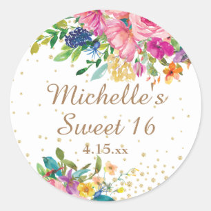 Sticker Rond Fleurs roses or pailleté or personnalisé pour 16 a
