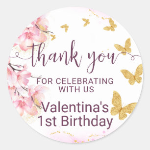 Sticker Rond Fleurs roses Papillons d'or Script Merci