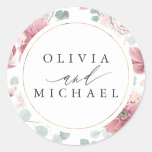 Sticker Rond Fleurs Roses poussiéreuses et cadre doré Mariage é