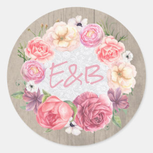Sticker Rond Fleurs roses rustiques Mariage de couronne