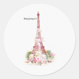 Sticker Rond Fleurs roses vintages girly Paris Tour Eiffel