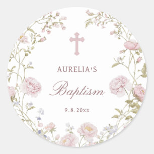 Sticker Rond Fleurs Rouges Baptême