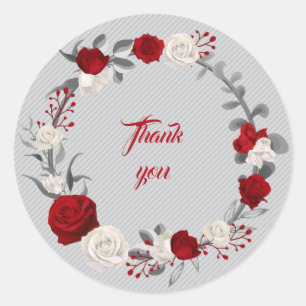 Sticker Rond fleurs rouges et blanches gris feuille couronne me