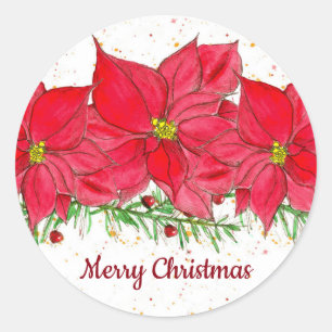 Sticker Rond Fleurs rouges Poinsettia Joyeux Noël
