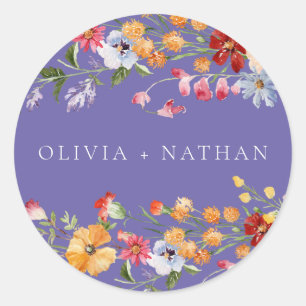 Sticker Rond Fleurs sauvages aquarelles colorées mariage violet