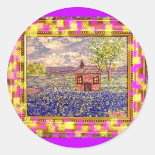 Sticker Rond fleurs sauvages avec cottage art encadré