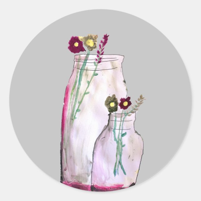 Sticker Rond Fleurs sauvages d'aquarelle Whimsical en vase (Devant)