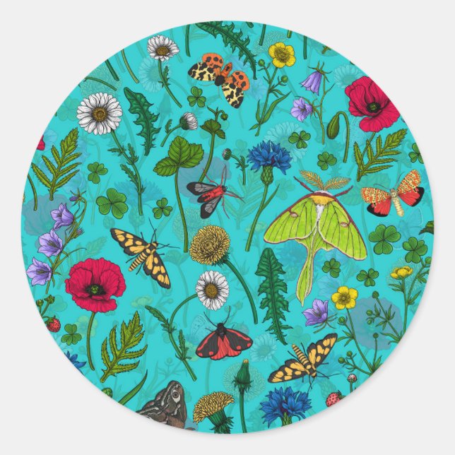 Sticker Rond Fleurs sauvages et papillons de nuit sur turquoise (Devant)