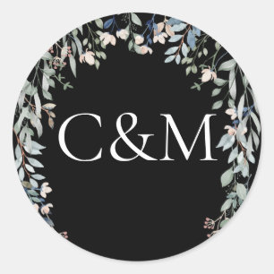 Sticker Rond Fleurs Sauvages Floral Monogramme Noir Et Blanc