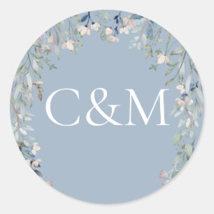 Sticker Rond Fleurs sauvages Floral Poussiéreux Bleu Monogramme