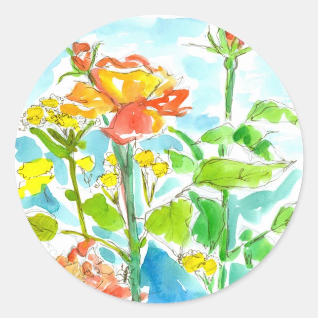 Sticker Rond Fleurs sauvages jaunes Rose orange (Devant)