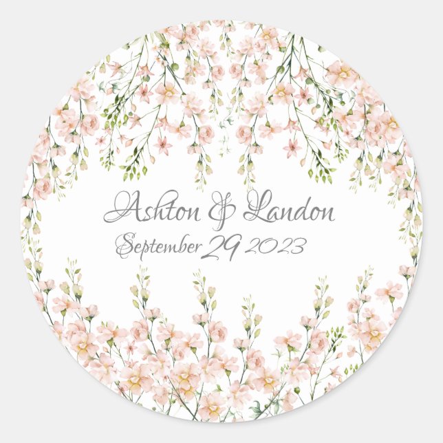 Sticker Rond Fleurs sauvages Rose Blush Élégant Nom Floral Date (Devant)