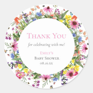 Sticker Rond Fleurs sauvages rustiques et papillons Merci