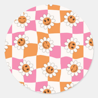 Sticker Rond Fleurs souriantes rétro sur des damiers déformés 