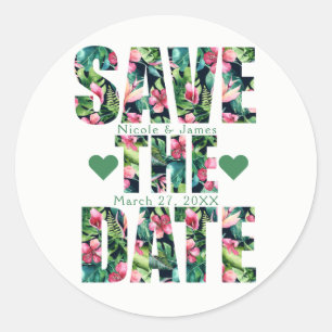 Sticker Rond Fleurs tropicales hawaïennes SAUVEGARDER LA DATE P