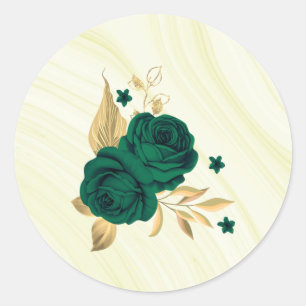 Sticker Rond fleurs vert émeraude or marbre feuille