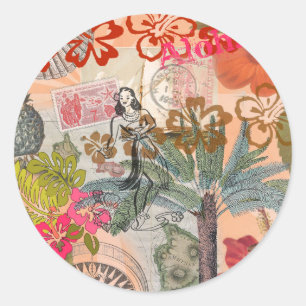 Sticker Rond Fleurs Vintage Hula Coloré Hawaïen Tropical