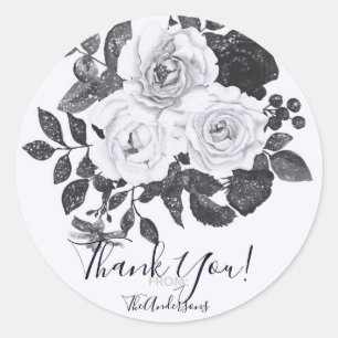 Sticker Rond Fleurs Vintage Noir & Blanc Floral Moderne Élégant
