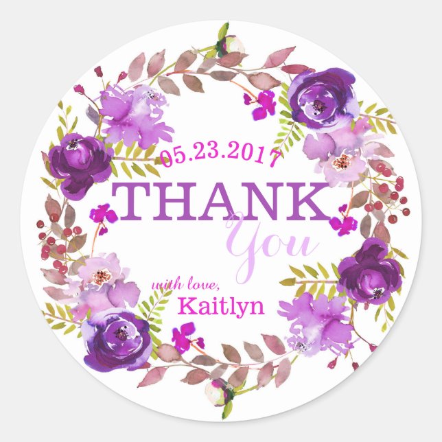 Sticker Rond Fleurs violettes Aquarelle Florale Merci de couron (Devant)