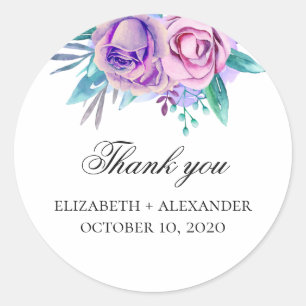 Sticker Rond Fleurs violettes et roses merci. Mariage floral