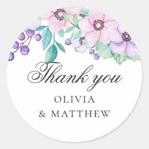 Sticker Rond Fleurs violettes et roses. Remerciements de mariag