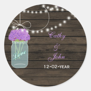 Sticker Rond Fleurs violettes Mason Jars Grange Mariage en bois