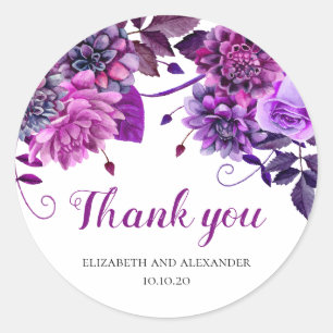 Sticker Rond Fleurs violettes merci. Violet Floral mariage
