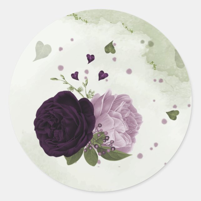 Sticker Rond Fleurs violettes profondes et légères verdure (Devant)