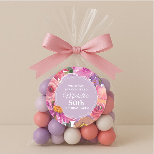 Sticker Rond Fleurs violettes roses 50e anniversaire Merci de f (Pink and purple watercolor floral 50th birthday party thank you sticker)