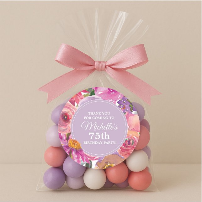 Sticker Rond Fleurs violettes roses 75e anniversaire Merci de f (75th birthday thank you sticker)