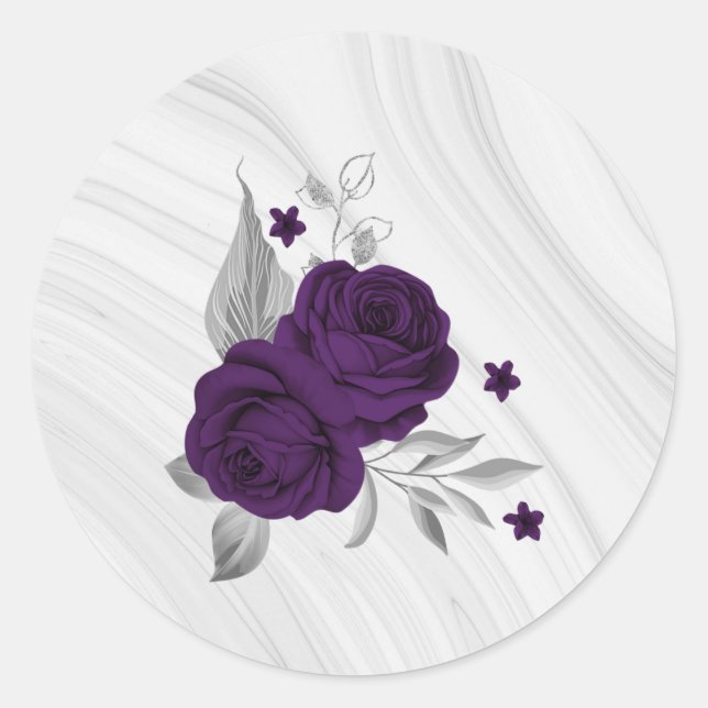 Sticker Rond fleurs violettes royales marbre feuille argent (Devant)