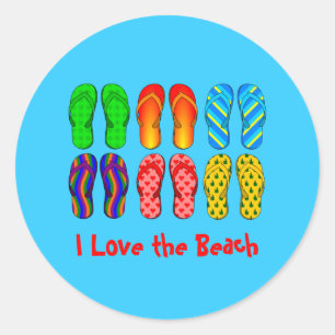 Sticker Rond Flip Flops, I Love the Beach