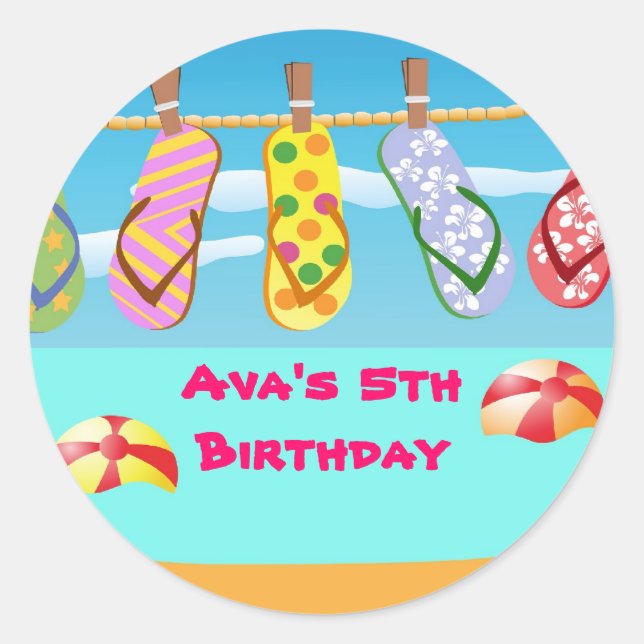 Sticker Rond Flip Flops Pool Anniversaire Fête Favoriser les Ét (Devant)