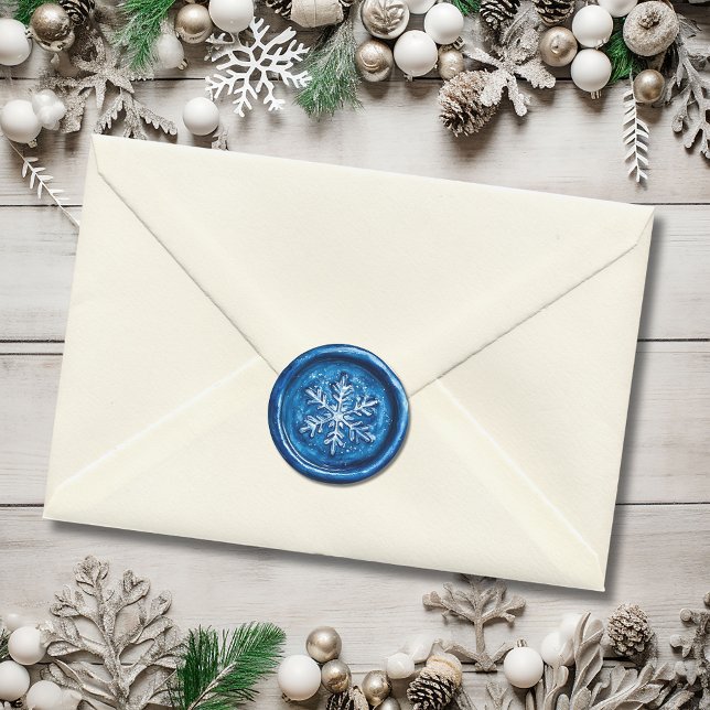 Sticker Rond Flocon de neige bleu Noël Faux Cire (Blue Snowflake Christmas Faux Wax Classic Round Sticker)