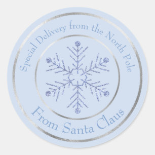 Sticker Rond Flocon de Neige Pailleté Bleu du Père Noël