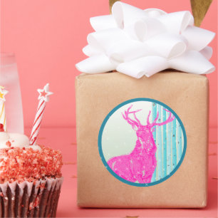 Sticker Rond Flocon de neige vintage de bouleau de cerf rose ch