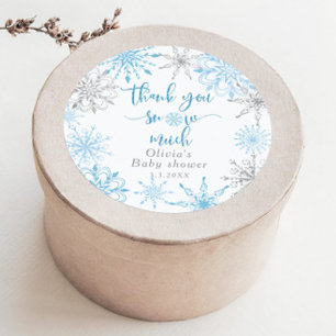 Sticker Rond Flocons de neige argentés bleus Merci neige beauco