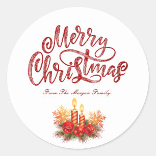 Sticker Rond Flocons de neige Bougies de Noël rouges Joyeux Noë
