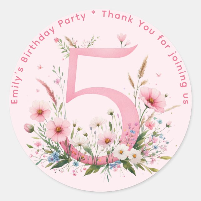 Sticker Rond Floral 5e anniversaire Merci Favoriser cinq coutum (Devant)