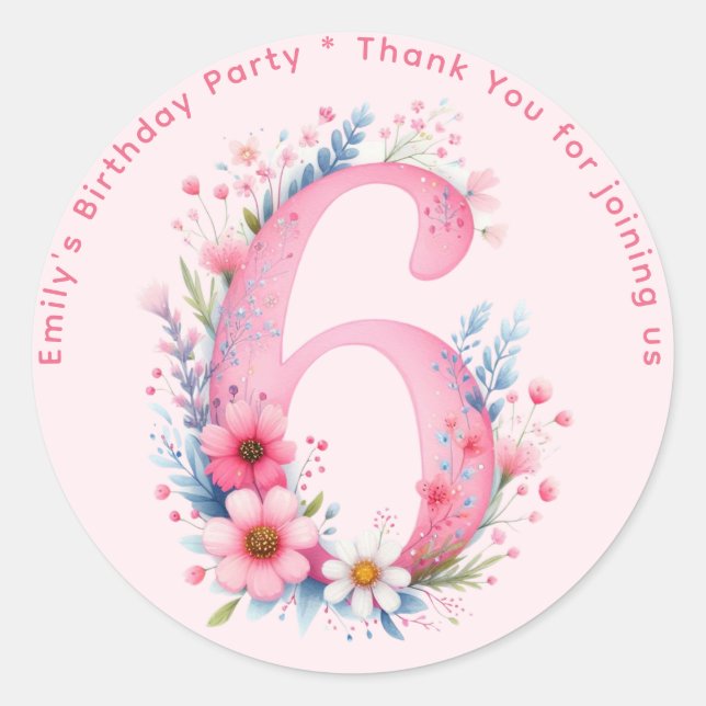 Sticker Rond Floral 6e anniversaire Merci Favoriser Six Custom (Devant)
