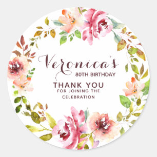 Sticker Rond Floral   80e anniversaire Merci de prune