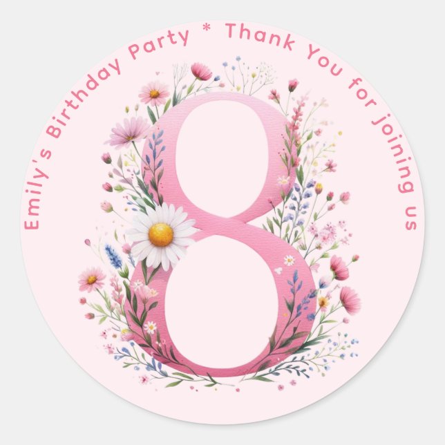 Sticker Rond Floral 8e anniversaire Merci Favoriser huit person (Devant)