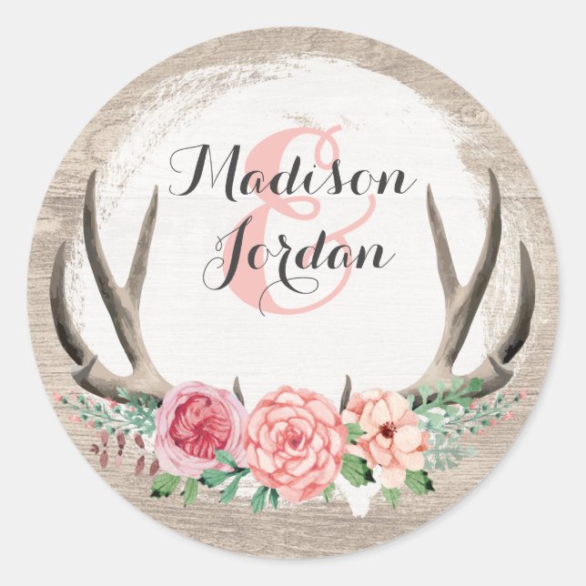 Sticker Rond Floral Antlers Mariage en bois rustique Personnali (Devant)